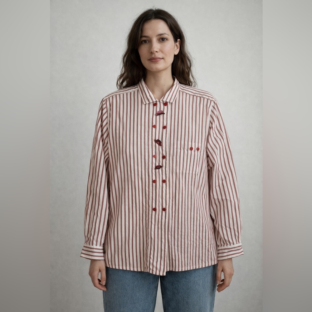 Vintage Betty Barclay Red White Striped hat embroidery Button-Up Shirt size 12